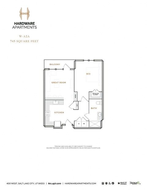 Floor plan for 1 bed, 1 bath, 838 sqft